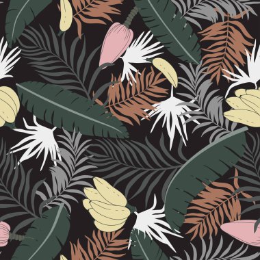 Palmiye yaprakları ve muz ile Tropikal arka plan. Dikişsiz çiçek deseni. Yaz vektör illüstrasyon. Düz orman baskı