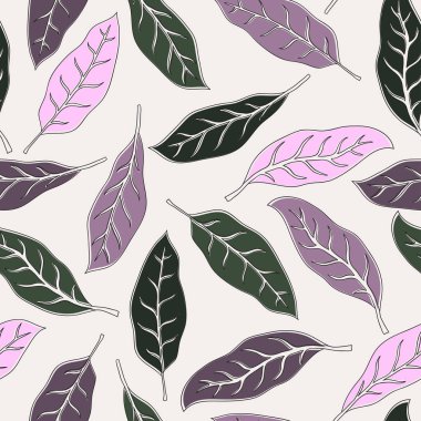 Palmiye yapraklı tropik bir arka plan. Kusursuz çiçek deseni. Yaz vektör illüstrasyonu. Düz orman izi