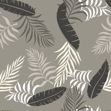 Palmiye yaprakları ve çiçekleri ile tropikal arka plan. Sorunsuz çiçek desenli. Yaz vektör çizim. Düz orman yazdırma