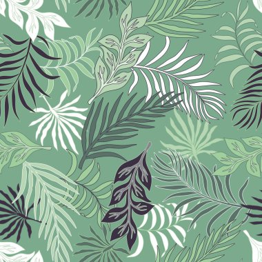 Palmiye yapraklı tropik bir arka plan. Kusursuz çiçek deseni. Yaz vektör illüstrasyonu. Düz orman izi
