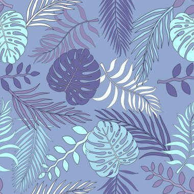Palmiye yapraklı tropik bir arka plan. Kusursuz çiçek deseni. Yaz vektör illüstrasyonu. Düz orman izi