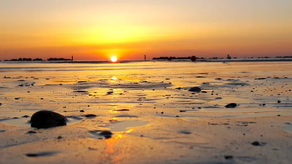 Sonnenaufgang Strand Des Mittelmeeres Riccione Rimini Mit Sonne Reflektiert Sand — Stockfoto