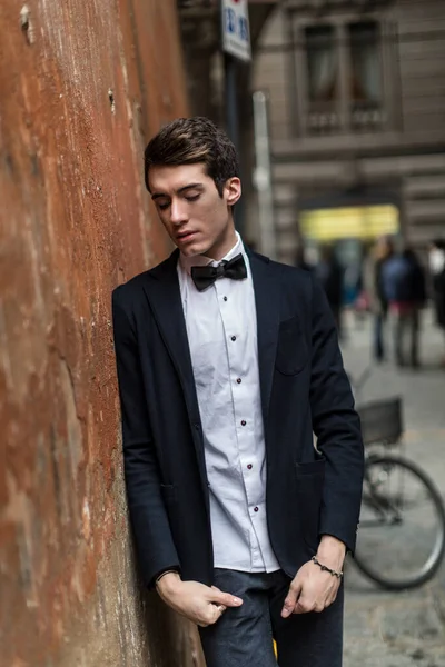 Beautiful Dark Haired Boy Poses Center Reggio Emilia Elegant Shirt — Stock Photo, Image