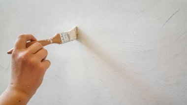 El boyası beyaz duvar boyası ve fırça. Yüksek kalite fotoğraf