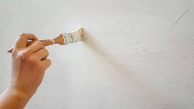 El boyası beyaz duvar boyası ve fırça. Yüksek kalite fotoğraf