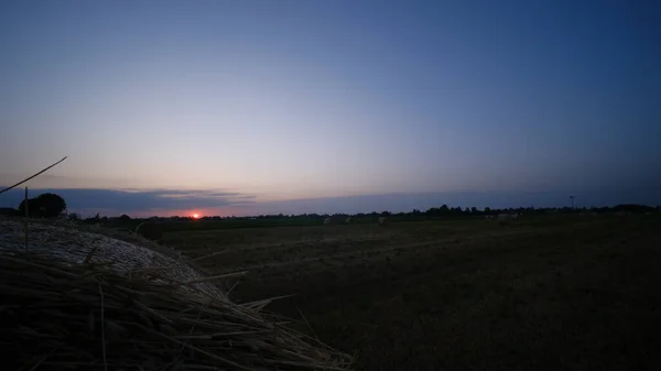 Runde Heuballen Mit Sonnenuntergang Hintergrund Hochwertiges Foto — Stockfoto