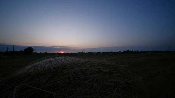 Runde Heuballen Mit Sonnenuntergang Hintergrund Hochwertiges Foto — Stockfoto