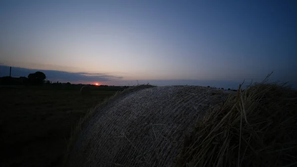 Fardo Feno Redondo Com Pôr Sol Fundo Foto Alta Qualidade — Fotografia de Stock