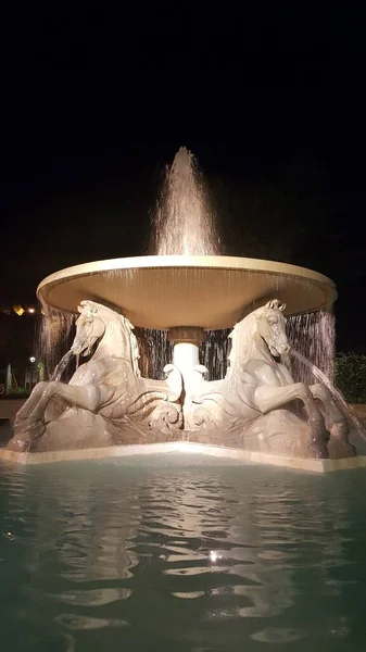 Rimini Fontana Centrale Con Cavalli Notte Giorno Estate Foto Alta — Foto Stock