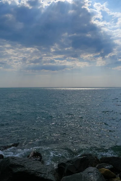 Spiaggia Focene Ostia Costa Romana Con Sabbia Rocce Foto Alta — Foto Stock