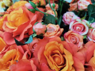 Halı gülü çiçek kumaş arka planda sahte çiçekler. Yüksek kalite fotoğraf