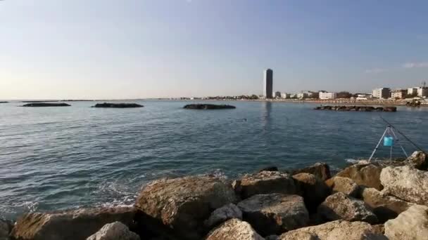 Cesenatico Visto Desde Muelle Con Mar Playa Rocas Amanecer Imágenes — Vídeos de Stock