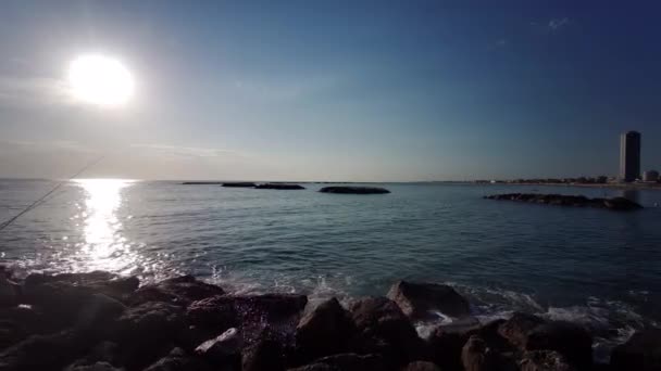 Vacker Soluppgång Med Sol Reflektion Cesenatio Riccione Rimini Stranden Hög — Stockvideo