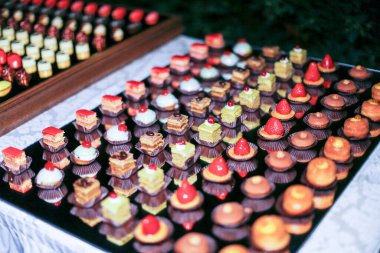 Düğün resepsiyonunda hazırlanmış çeşitli çikolata ve tatlı büfeleri. Yüksek kalite fotoğraf