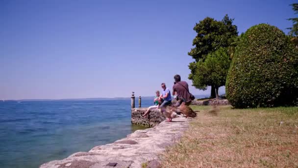 Lake Garda Sirmione Shore People Ducks High Quality Footage — Stock Video