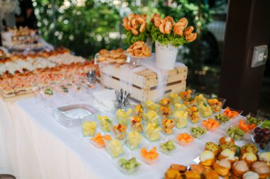 Düğün için açık büfe. Lezzetli atıştırmalıklar ve sandviçlerle. Yüksek kalite fotoğraf