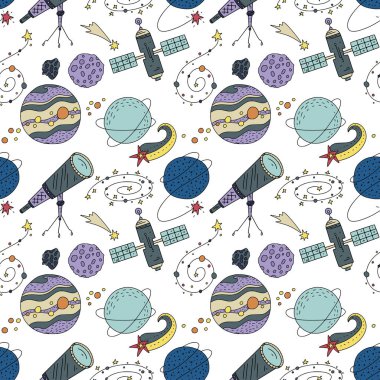 Cosmos doodle illüstrasyonlar ile Seamless Modeli.