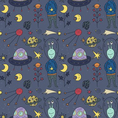 Cosmos doodle illüstrasyonlar ile Seamless Modeli.