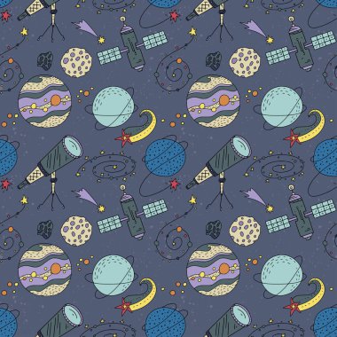 Cosmos doodle illüstrasyonlar ile Seamless Modeli.
