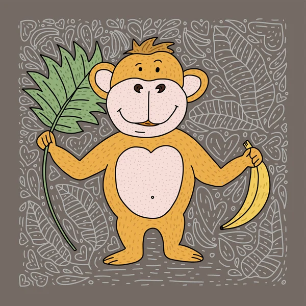 Tarjeta vectorial juguetona con garabato dibujado a mano un mono, plátanos y hojas de palma . — Archivo Imágenes Vectoriales