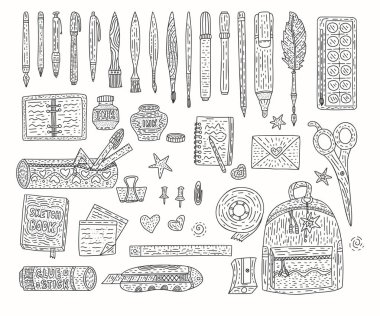 Accessoriesoutline vektör çizim ayarlayın. Çizim malzemeleri okul ve ofis için anahat doodle.