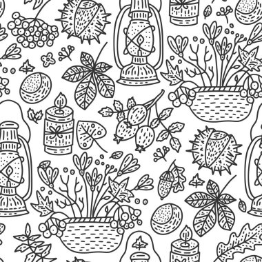 Rahat sonbahar vektör çizim. Sonbahar doodle resimde ayrıntılı.