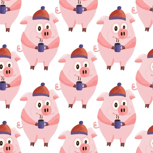 New Year 2019 seamless pattern with christmas cartoon flat pink pigs. — Stock Vector