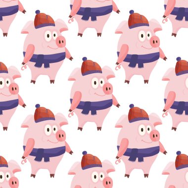 Noel karikatür düz pembe domuzlarla yeni yıl 2019 seamless modeli.