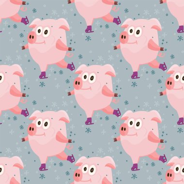 Noel karikatür düz pembe domuzlarla yeni yıl 2019 seamless modeli.