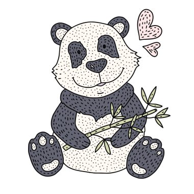 Ayı Panda illüstrasyon vektör bambu ile. Elle çizilmiş karikatür kart.