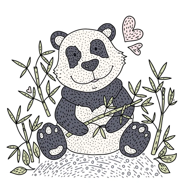 Panda bear Illustration vector with bamboo. Hand drawn cartoon card.