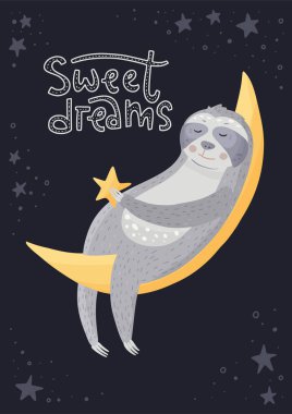 Ayın üzerinde uyuyan sevimli çizgi tembellik.