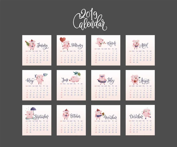 Hand getekende vector kalender voor 2019. Cartoon creatieve kalender 2019 — Stockvector