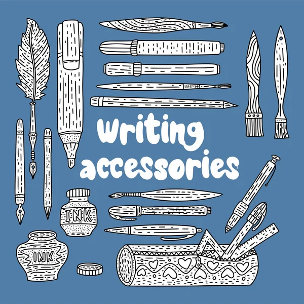 Writing accessories vector set. Doodle drawing supplies. — Stock Vector