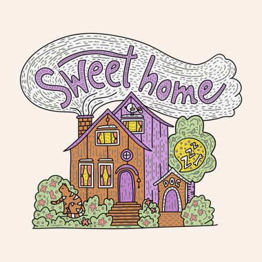 Ülke doodle detaylı yazlık el ile yazı - tatlı eve çizilmiş.