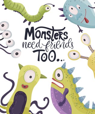 Sevimli çizgi canavarlar. Vektör,