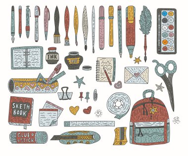 Aksesuarlar renk vektör çizim ayarlayın. Malzemeleri okul ve ofis için çizim doodle