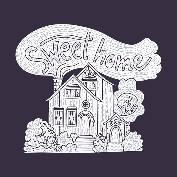 Country doodle detailed cottage with hand drawn lettering - sweet home. — Stock Vector