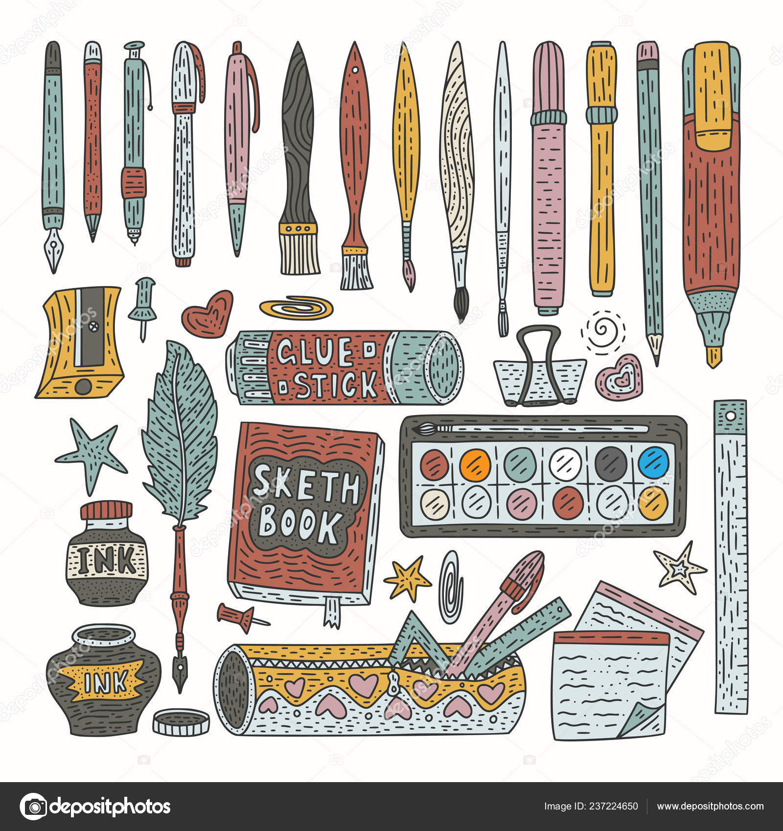 Drawing accessories color vector set. Doodle drawing supplies for school  and office Stock Vector by ©trihubova.gmail.com 237224650