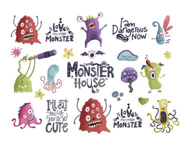 Sevimli çizgi canavarlar. Vektör.