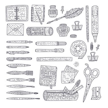 Çizim aksesuarları vektör set anahat. Çizim malzemeleri okul ve ofis için renk doodle.