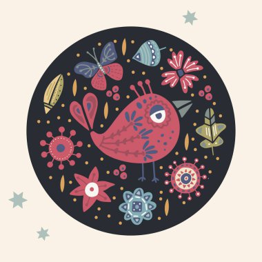 Sevimli karikatür vektör kuş kartı.