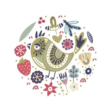 Sevimli karikatür vektör kuş kartı.