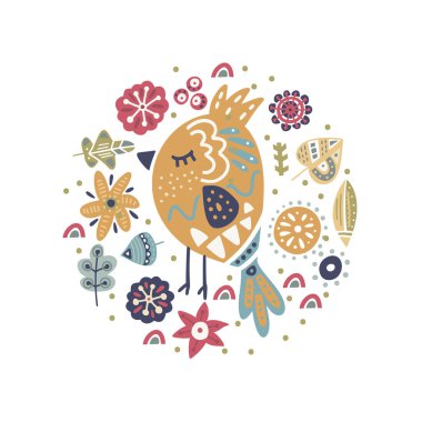 Sevimli karikatür vektör kuş kartı.