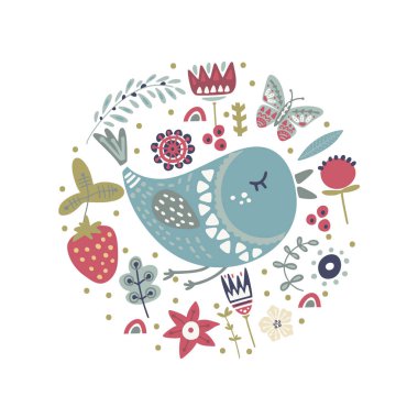 Sevimli karikatür vektör kuş kartı.