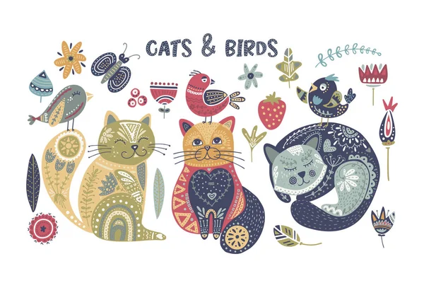 Folk Art vector kat en vogel set. — Stockvector