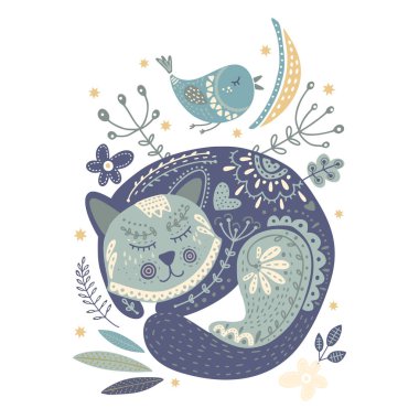 Halk sanatı vektör kedi ve kuş.