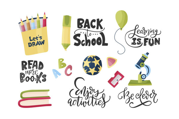 School stationery and lettering vector set.