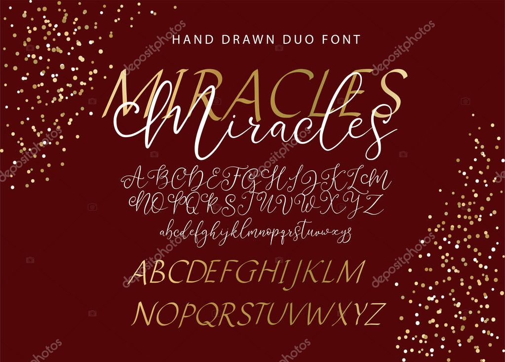 Hand drawn vector alphabet. Duo font with letters, numbers, symbols and golden decor. For calligraphy, lettering, hand made quotes. ABC vintage miracles pair.