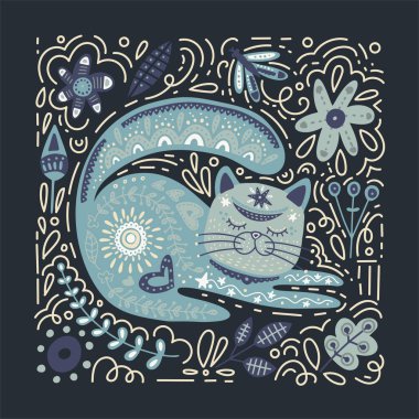 Halk sanatı vektör kedi illüstrasyon.